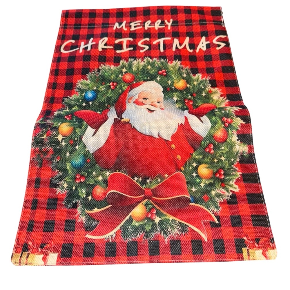 Merry Christmas Garden Flag 12”x18” Doubled Sided Santa Wreath  New Without Tags